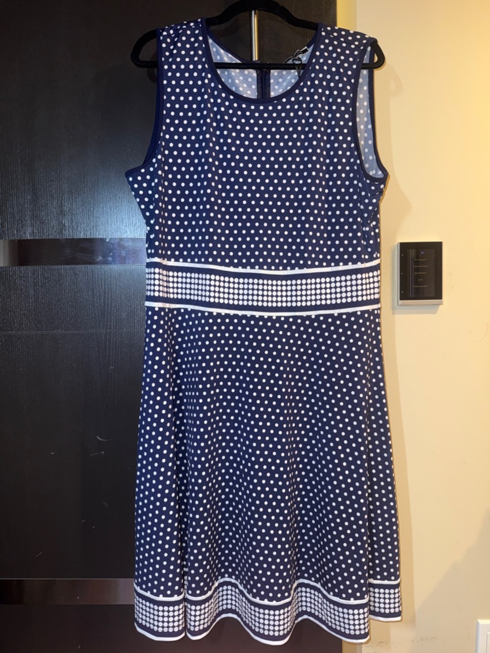 Sleeveless Navy Polka Dot Midi Dress with Contrast Waist